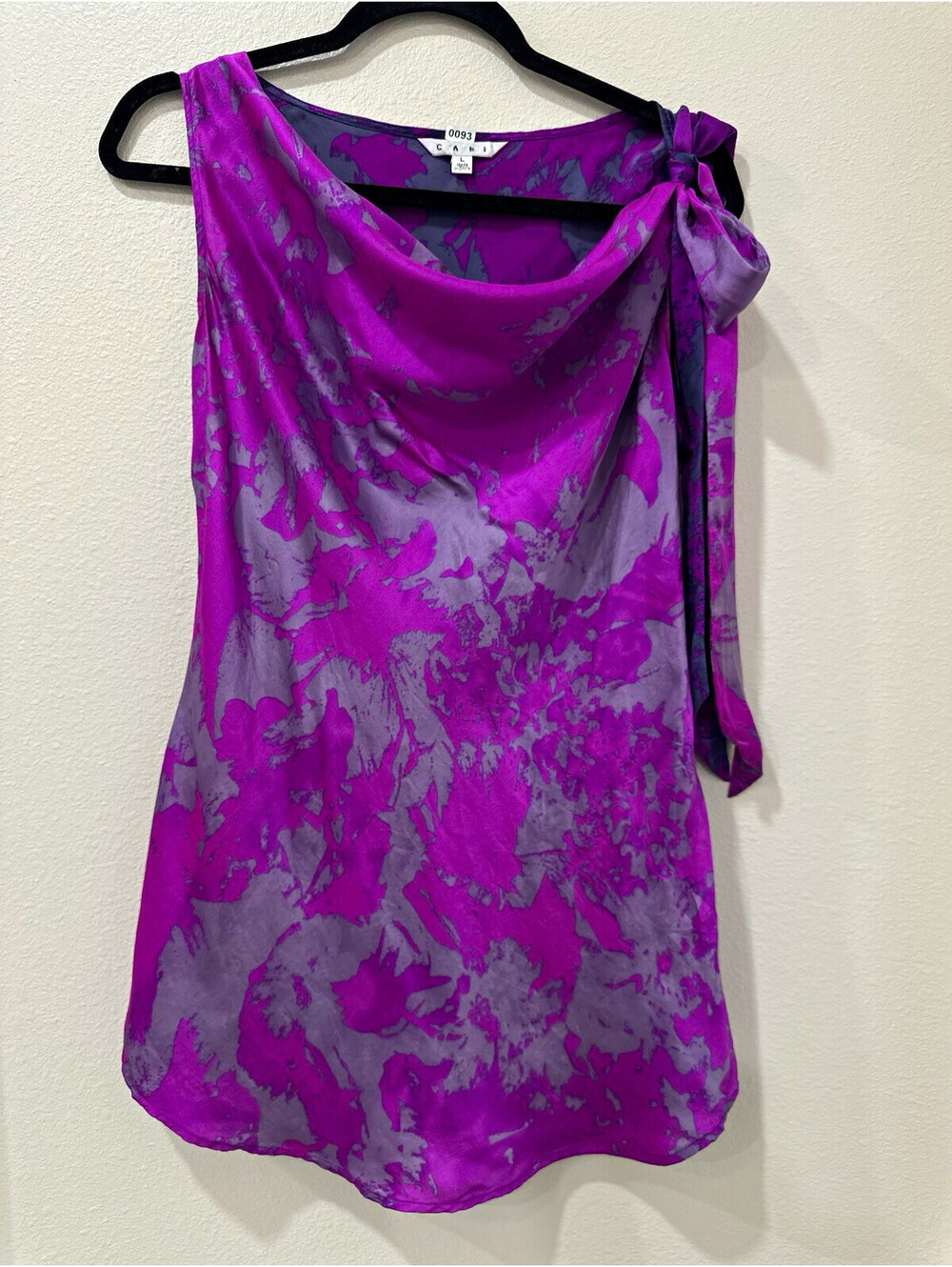 CAbi Women Purple Gray Abstract Silk Chiffon Cowl Neck Tie Blouse Size L